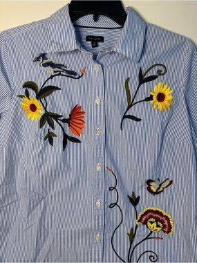 Talbots Womens S Blue/White Striped Floral & Bird Embroidered Button Down Shirt